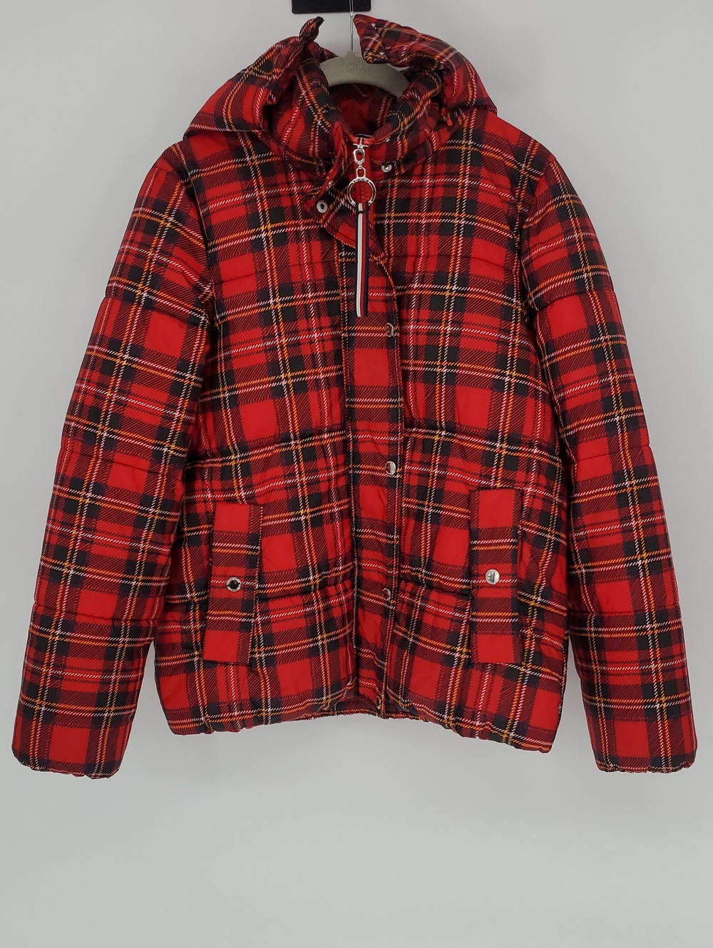 Tommy Hilfiger Red Plaid Puffer Ski Jacket with Removable Hood